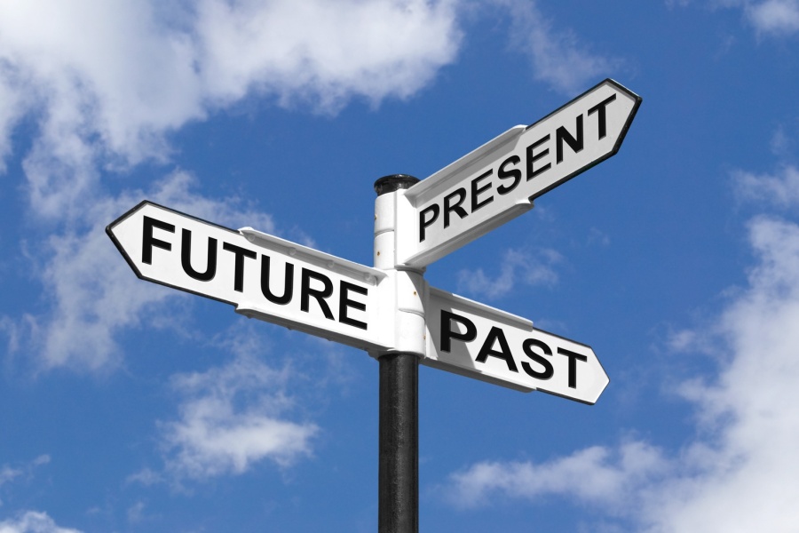 Concept image of Future Past &amp; Present on a signpost against the sky.